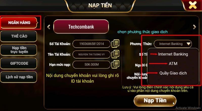 Các bước nạp tiền Cược bóng đá