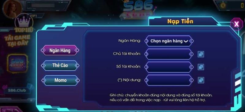S86 Club - Sân chơi giả trí an toàn, nhận thưởng cực đã 4 Hướng dẫn cách nạp tiền tại cổng game chính xác và chi tiết