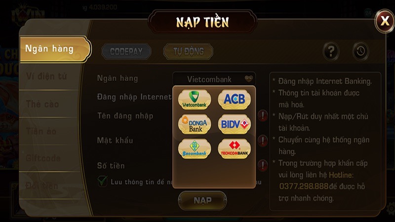 Kwin - Đánh giá cổng game bài hot nhất hiện nay 4 Nạp tiền vào cổng game Kwin đơn giản