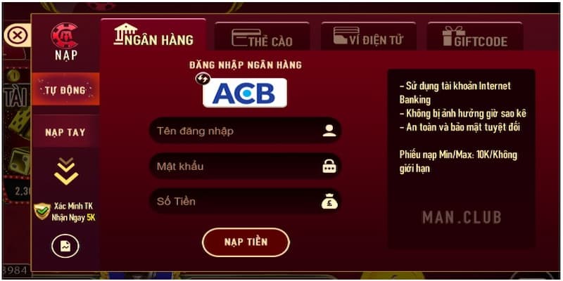 Man club - Chi tiết về cổng game đổi thưởng số 1 Việt Nam 4 Nạp tiền qua nhiều phương thức tiện lợi