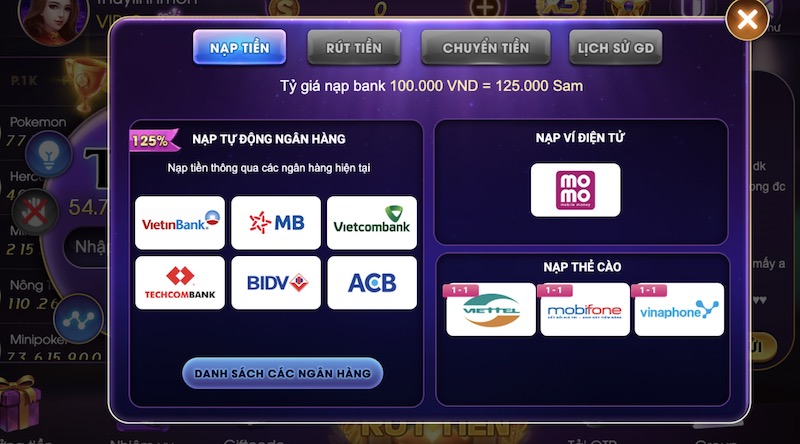 Hướng dẫn nạp tiền Sam86